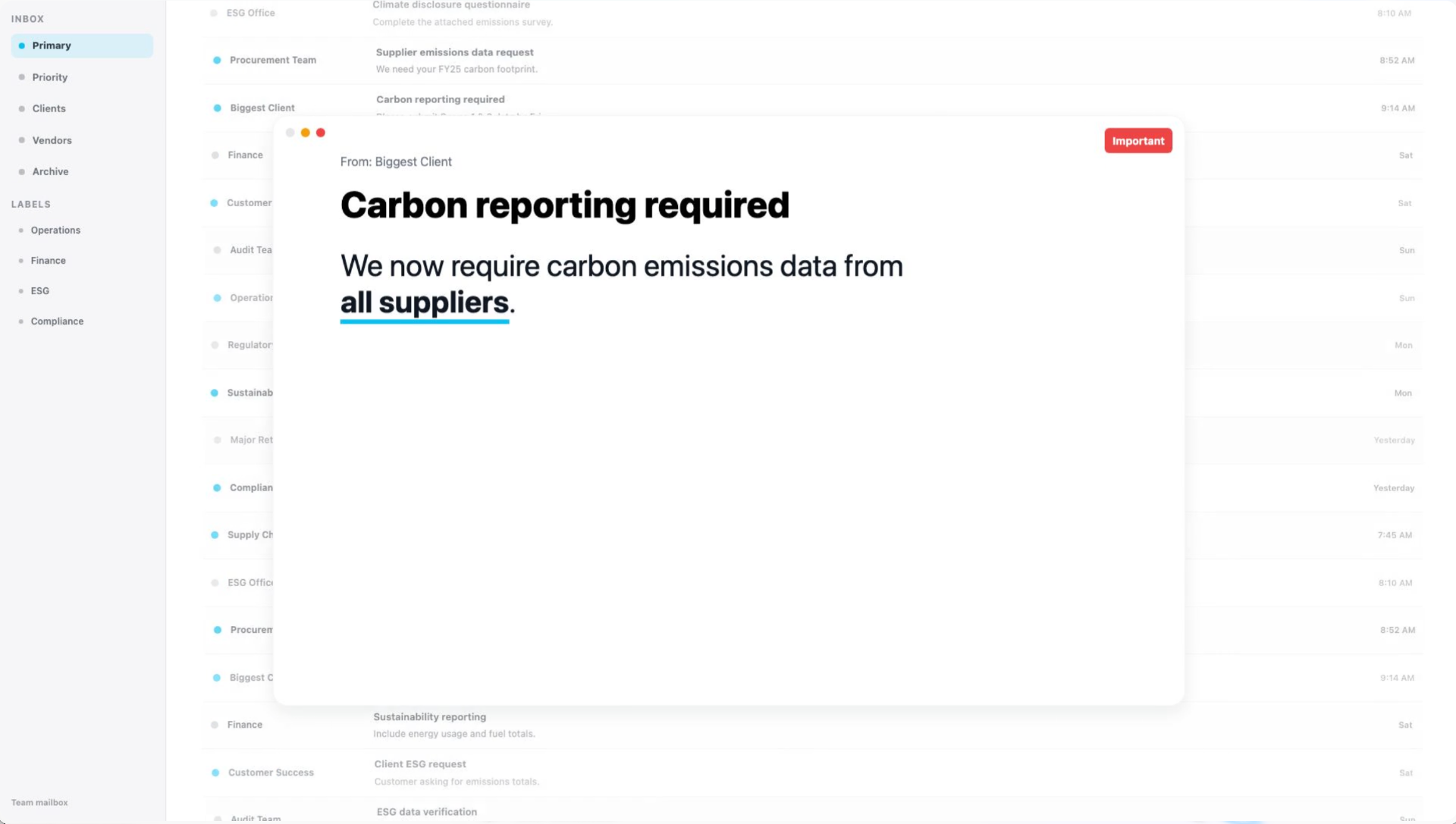 Email inbox showing carbon reporting data request from a client with sustainability questionnaire attachment