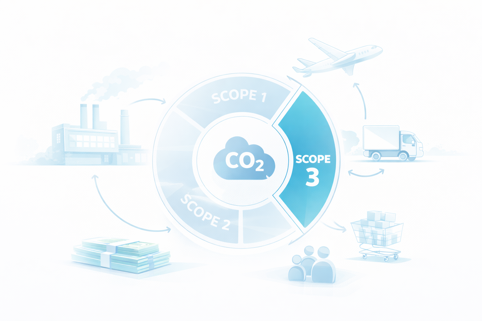 Diagram showing Scope 1, Scope 2, and Scope 3 emissions categories with CO2 cloud in center