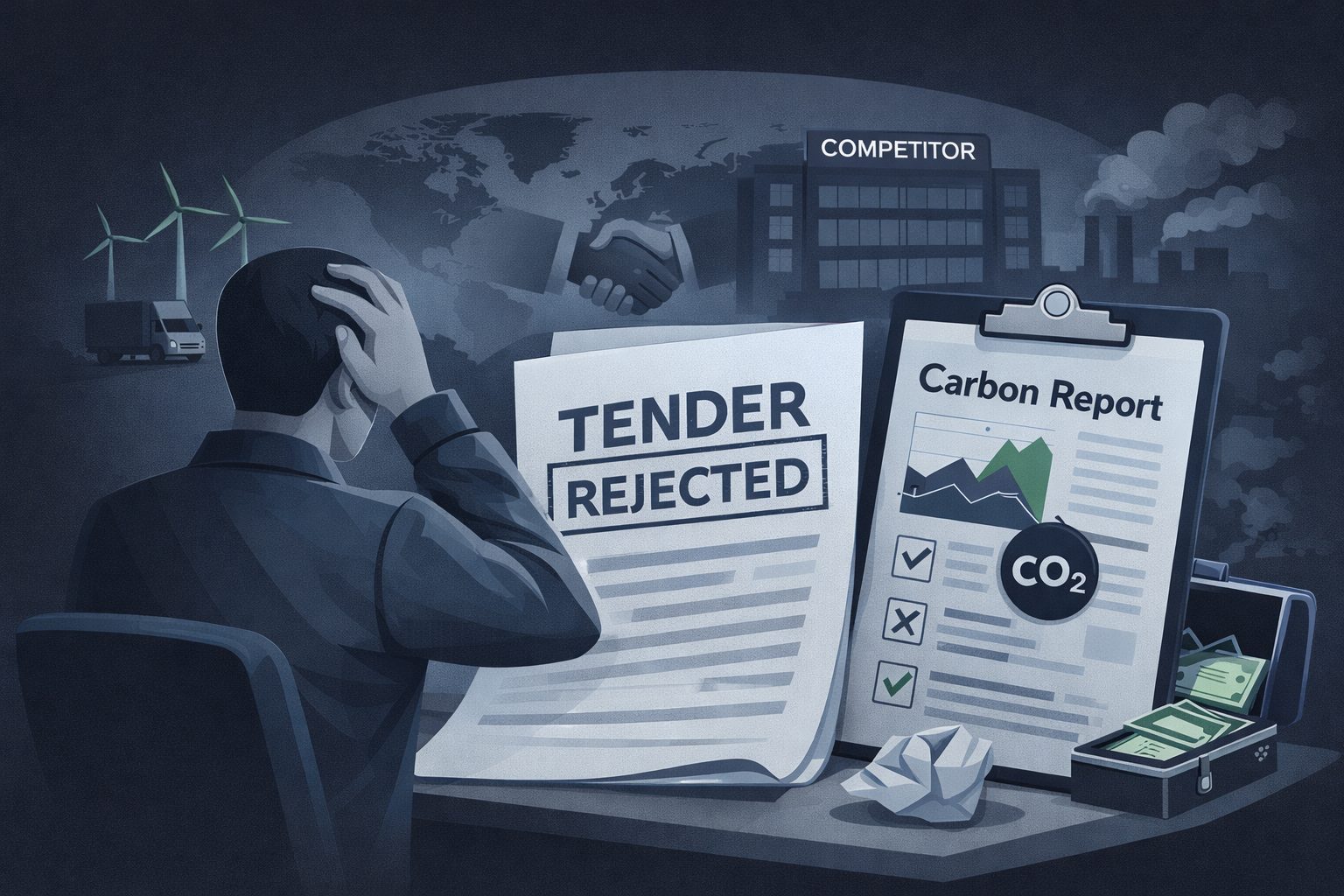 Illustration of a tender rejection due to poor carbon reporting while competitor wins with proper sustainability data