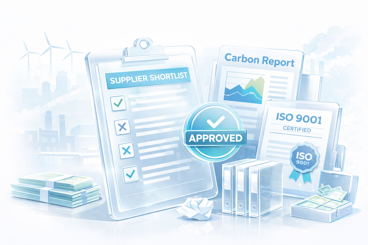 Procurement team supplier shortlist with carbon report and ISO certification documents